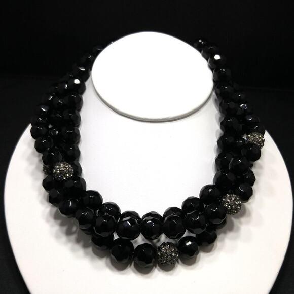 Vintage Black Glass Rhinestone 3 Strand Bead Necklace, Strung Wire, 1990s, 18" - Picture 5 of 7